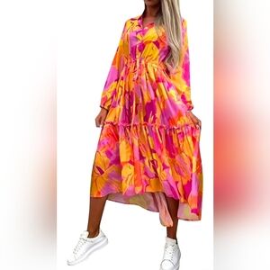 Aae Vibrant Pink and Orange Maxi Dress NWT